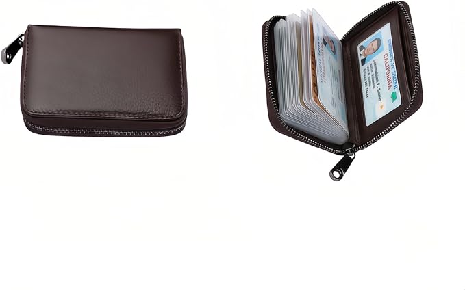 Genuine Leather Credit Card Holder, Wallet Case, Bank Card Case, RFID Blocking Secure Card Case, ID Case, Organizer Zipper Wallet 1 Pcs - Coffee