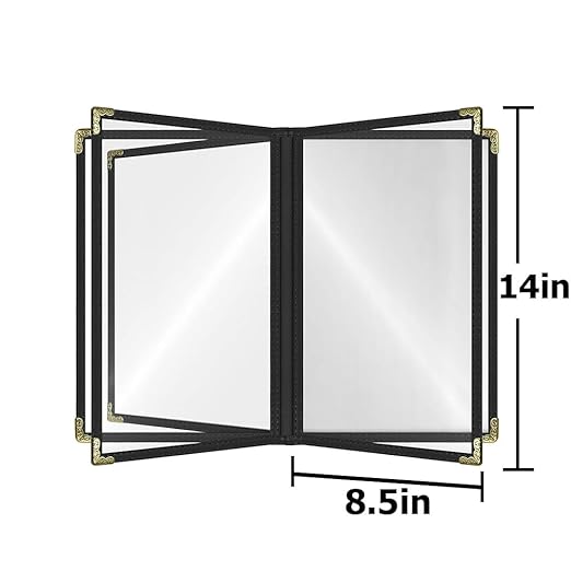Goodsmart Restaurant Menu Covers – 25 Pack Black 10-View 8.5" x 14" Cafe Menu Holders, Side-Loading Vinyl Covers with Clear Sleeves, Plastic & Leather-Style Menu Covers with Gold Corners