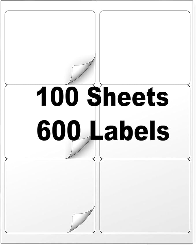 3 1/3" x 4" Shipping Address Label 100 Sheets 600 Mailing Labels for Laser Inkjet Printers, 5164 8164 Printable Label Paper, Matte White 6-per-Page