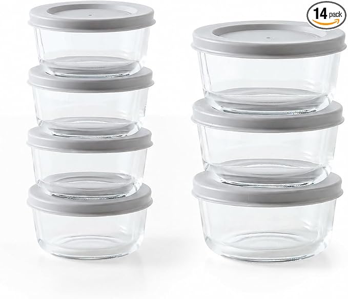 14-Piece Glass Food Storage Containers Set (7 Containers + 7 BPA-Free Lids) | 1-Cup & 2-Cup, Leakproof | Microwave, Freezer, Oven & Dishwasher Safe | Ideal for Meal Prep & Pantry Organization, Grey