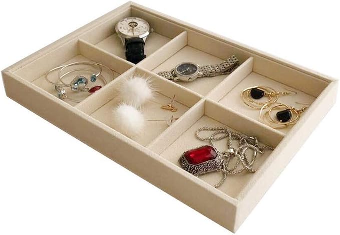 Beige Jewelry Organizer Tray 6 Compartment Medium, Stackable Display Tray for Watches Earrings Bracelets Necklaces, Removable Dividers, Slim Drawer Insert, Dressing Table Vanity Home Retail