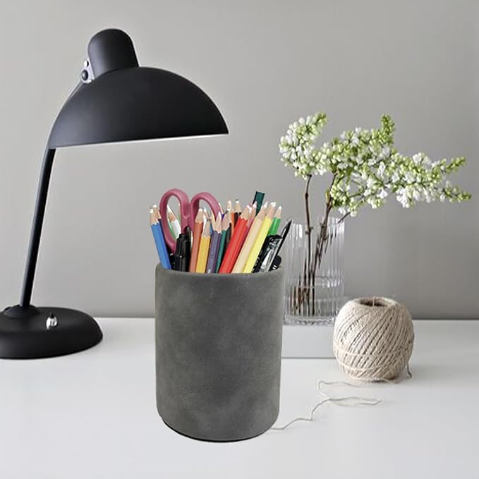 Leather Pen Holder, Dark Gray Pencil Holder, Desktop Elegant Pen Holder for Desk, Stationery Organizer for School Office Home Dorm