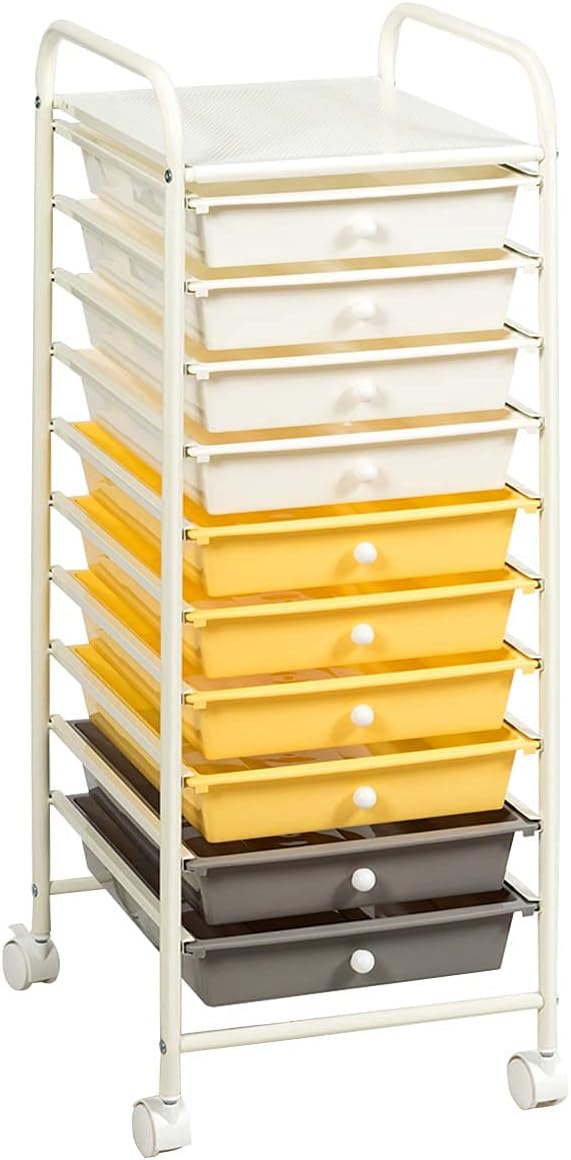 DREAMADE Rolling Cart with Storage Drawers, Utility Cart with Removable Plastic Drawers, Lockable Wheels, Art Cart for Classroom Organization Art Supplies Office Scrapbook (10 Drawers, Yellow)