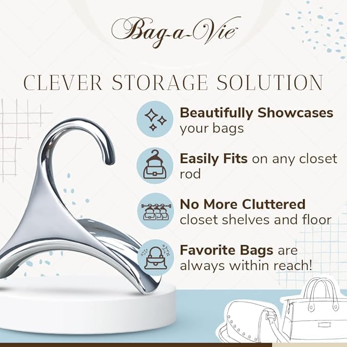 Bag-a-Vie Silver Metal Hangers Combo Pack 6 (3 Purse Hangers + 3 Clothes Hangers) Closet Organizer Set for Handbags, Coats & Suits