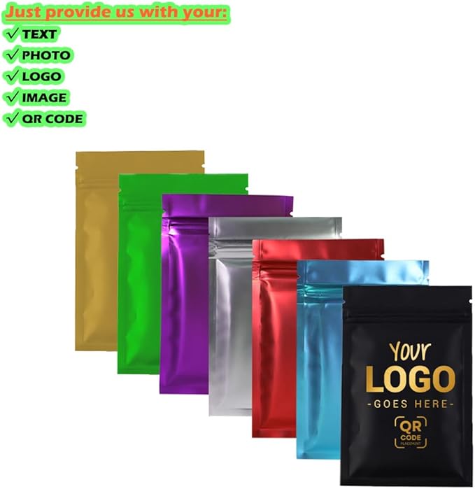 100PCS Customized Resealable Mylar Pouch,Airtight Zip Bag,Flat Packaging Bag,One Color Logo Printing for Logo/Text/QR Code (Red, 12 * 18CM/4.7"*7.1"-One Color Print)