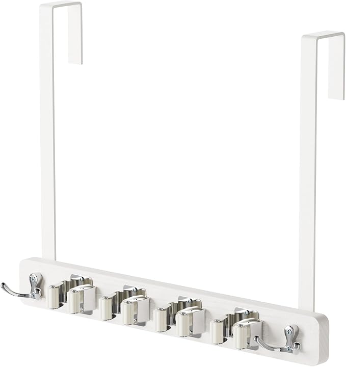 Mop and Broom Holder Wall Mount, No Drill Over the Door Broom and Mop Holder with 4 Slots and 4 Hooks, Wood Tool Hanger for Laundry, Cabinet, Kitchen, Garage