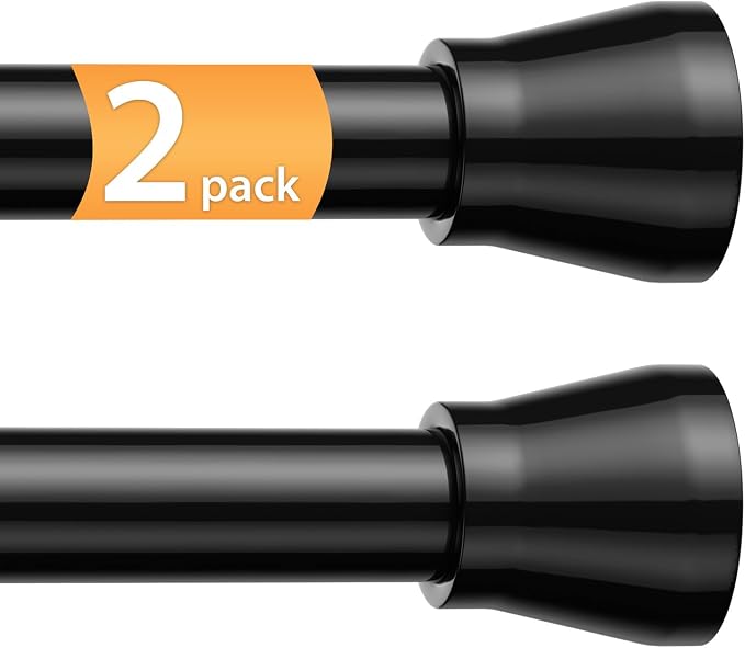 2 Pack Adjustable Tension Rods 30-64 Inch - Black No-Drill Curtain Rods for Windows & Closets | Spring-Loaded with Non-Slip Rubber Ends | 7/8" Diameter