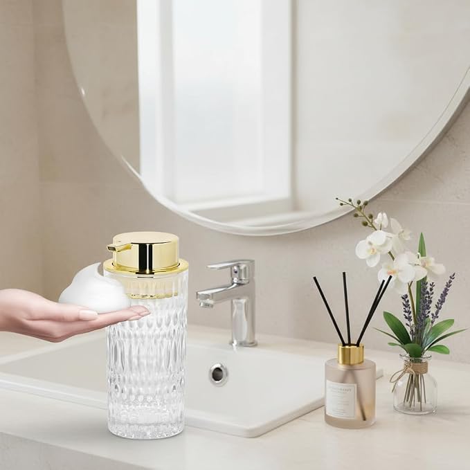 Foaming Soap Dispenser, Glass Foam Hand Soap Dispenser for Bathroom and Kitchen Decor, 14 Oz Refillable Foaming Pump Bottle Container with Gold Pump, Clear