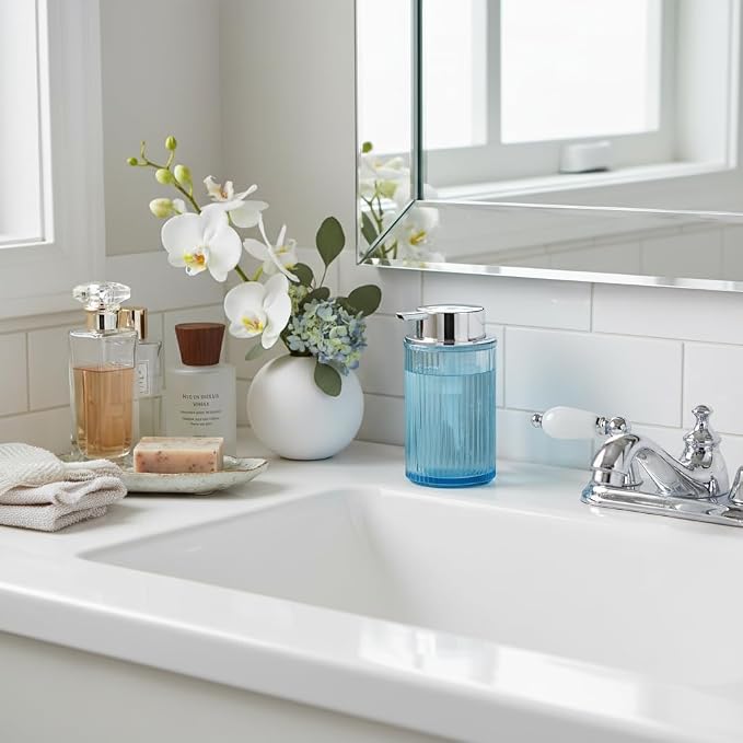 Foaming Soap Dispenser, Bathroom Blue Glass Foam Soap Dispenser, Refillable 12 Oz Foam Pump Bottle Container with Pump, Decorative Slim Ribbed Dish Soap Dispenser for Kitchen