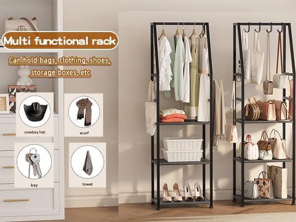 Hall Tree with Hanging Hooks,Heavy-Duty Metal Coat Rack with Shoe Shelves,3-Tier Purse Stand Handbag Organizer，Suitable for Hallway,Bedroom and Bathroom (Black)