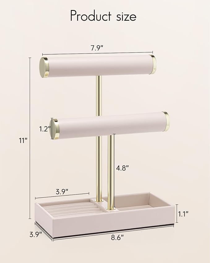 VLANDO 2 Tier Bracelet Holder with Tray - Leather Jewelry Stand Organizer for Women - Valentines Day Gift Her- Jewelry Holder Display for Necklace, Watches, Rings, Earrings, Bangle, Scrunchie - Pink