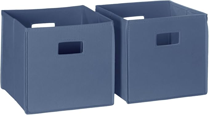 RiverRidge Folding Storage Bins - 2-pack of 10in Tall Slate Blue Cubes | Fabric Bins, Set of 2 Storage Cubes, Cut-out Handles, Playroom Closet Organizer, Collapsible Cubby with Bottom Board Insert