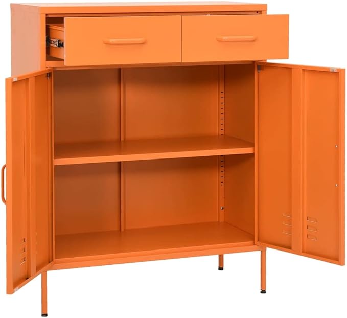 Modern Steel Storage Cabinet with 2 Drawers and Adjustable Shelves, Bright Orange Finish for Contemporary Living Room or Office Organization, Smooth Ball-Bearing Slides