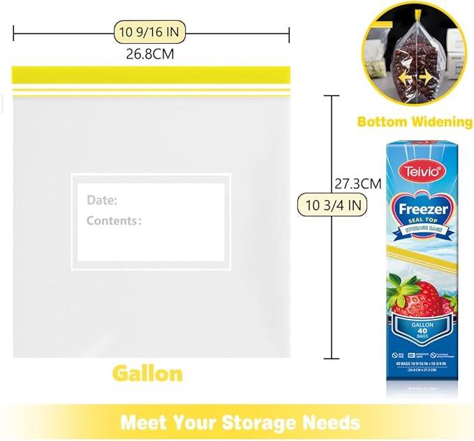 Teivio Gallon Freezer Bags 160 Count (4 Pack of 40), Double Zipper Seal, BPA-Free Thick Plastic Food Storage Bags for Home, Kitchen, Travel, Camping, Meats, Vegetables, Snacks, Sandwich bags