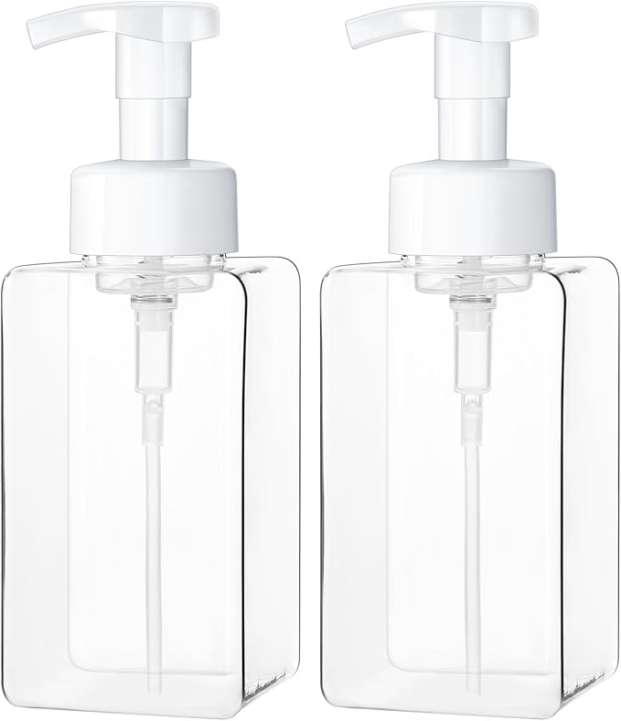 Kzeirm Foaming Soap Dispenser for Bathroom & Kitchen 15 Oz, Refillable Foam Hand Soap Dispenser for Liquid Soap, 2Pcs Foam Pump Bottle with Waterproof Labels, Clear