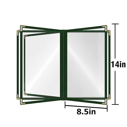 Goodsmart Restaurant Menu Covers – 25 Pack Green 10-View 8.5" x 14" Cafe Menu Holders, Side-Loading Vinyl Covers with Clear Sleeves, Plastic & Leather-Style Menu Covers with Gold Corners