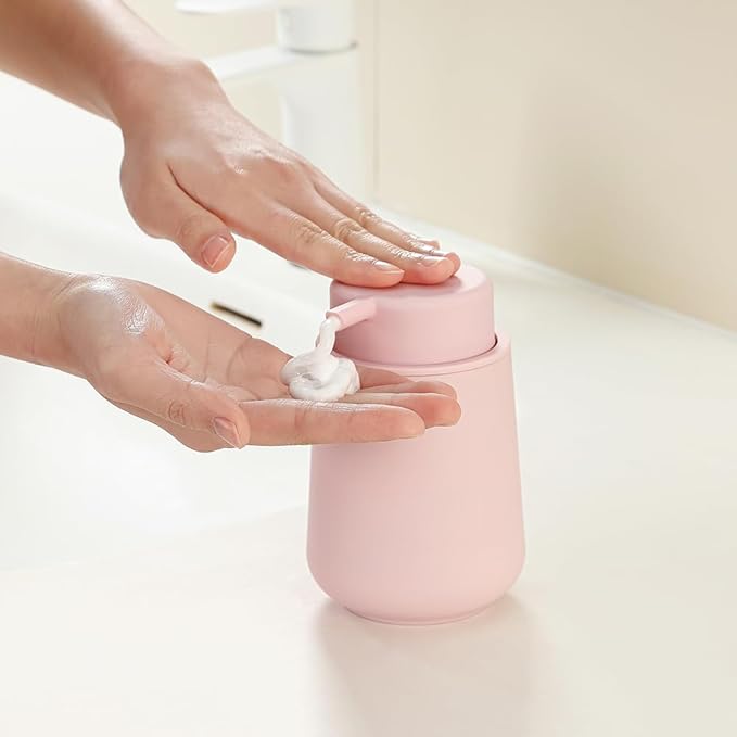 YAUKPH Matte Light Pink Foaming Hand Soap Dispenser Plastic 11 oz - Modern Minimalist Style for Bathroom & Kitchen Countertop Refillable