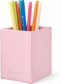 UnionBasic Square Pen Holder, Leather Pencil Cup, Desktop Caddy Stationery Organizer, Taiga Pattern Leather, Pink