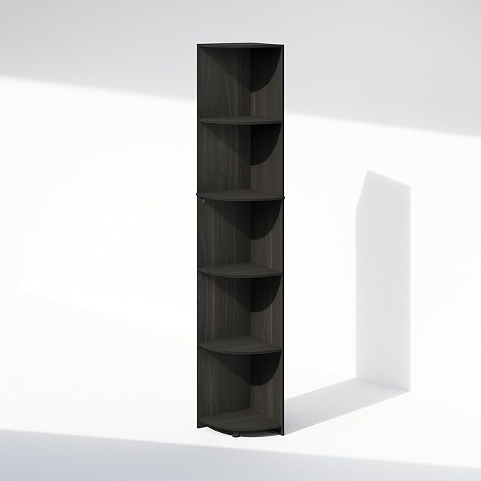 Furinno Basic Book Shelf, 5-Tier Bookshelf, Bookcase with Multipurpose Corner Shelf, 12 x 12 x 70.8, for Living Room, Bedroom, Home Office, Espresso