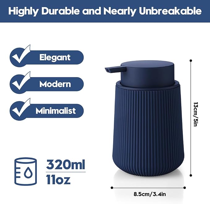 YAUKPH Striped Liquid Hand Soap Dispenser with Leak-Proof Pump for Bathroom and Kitchen Countertop 11oz Navy Blue