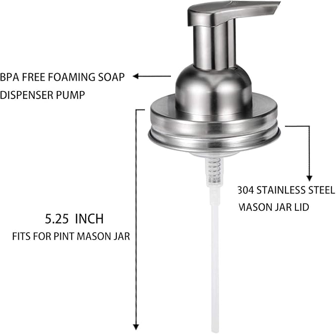 Amolliar Mason Jar Foaming Soap Dispenser Pump, Refillable Plastic Pump, Rustproof Stainless Steel Lid for Regular Mouth Jar, Cute Farmhouse Decor, Soap for Bathroom, Kitchen, Brushed Nickel 4 Pack