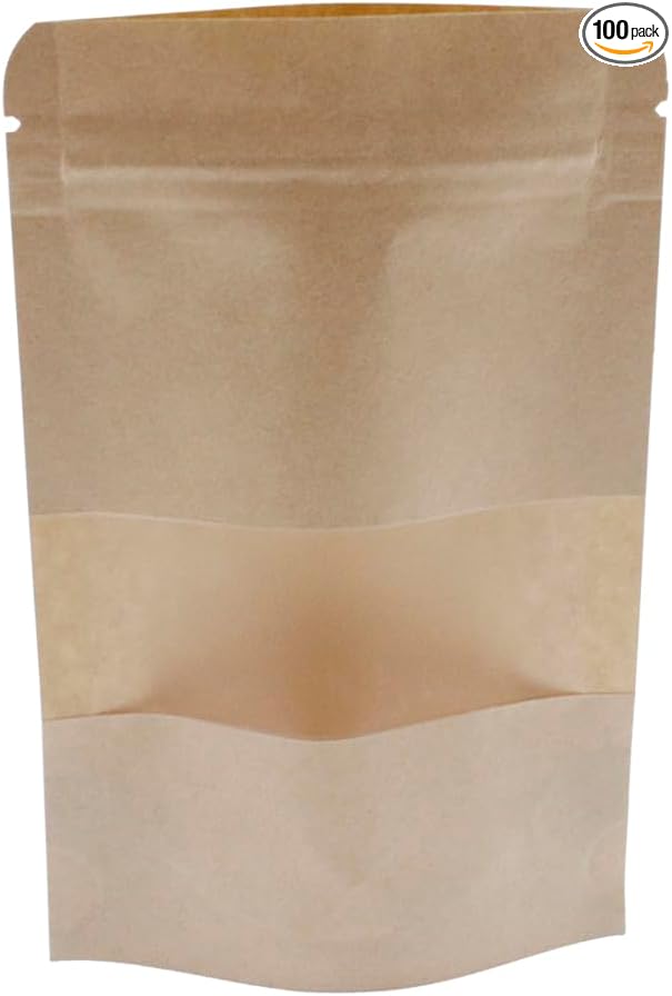 Kraft Paper Zipper Pouches,ULIFESTAR Kraft Stand Up Zip Lock Pouch Bags,100PCS Resealable Bag with Transparent Window and Tear Notch Resealable Bag for Small Business HomeUse,3.5"*5.5"(9 * 14cm+3cm)