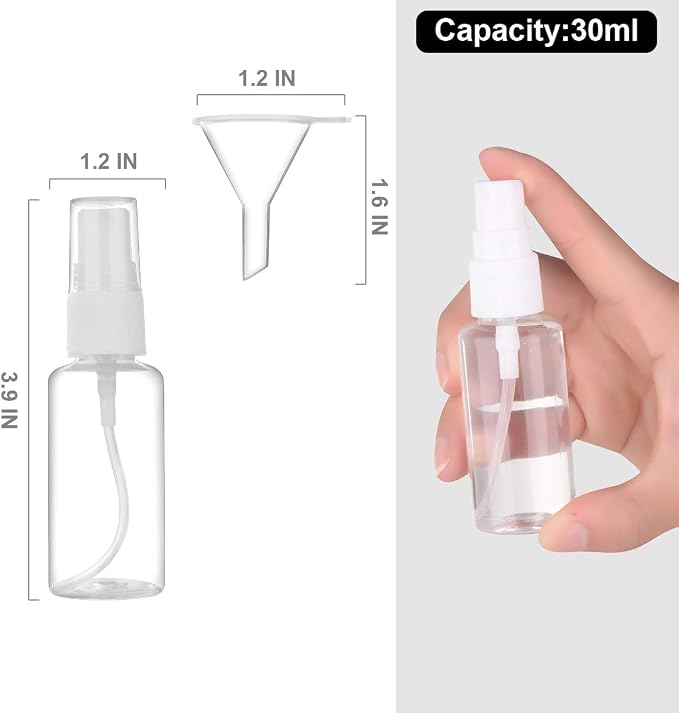 Exptolii Spray Bottle, 1oz/30ml Small Plastic Fine Mist Spray Bottles, Mini Empty Travel Bottles with Funnels and Labels 6 Pack