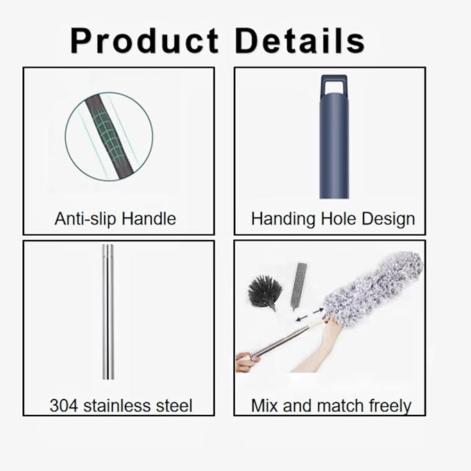 Microfiber Feather Duster 4-in-1 Kit, Dusters for Cleaning, Duster with Extension Pole 100 Inches, Cobweb Duster, Microfiber Dusters for High Ceilings and Fans, Blinds, Cars and Furniture