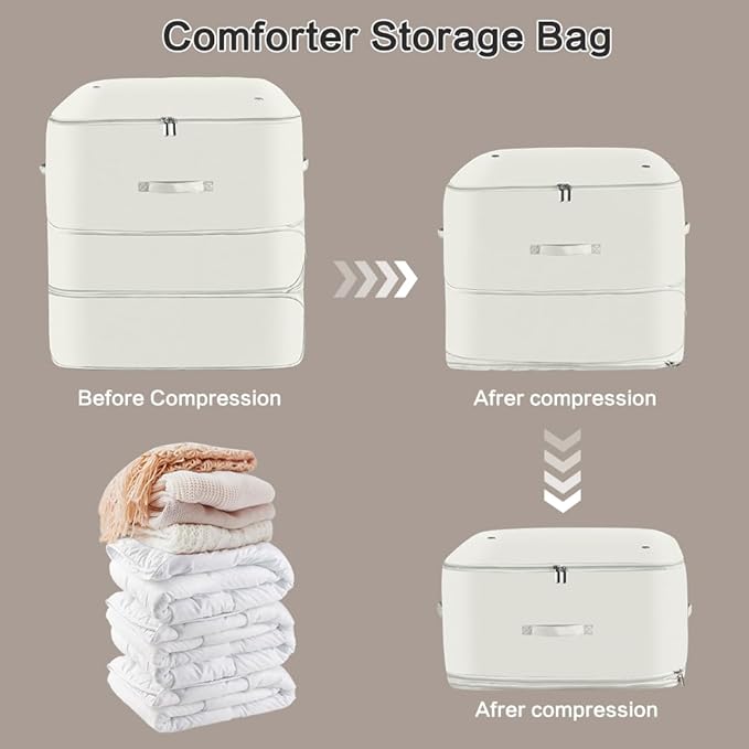 Space Saving Self Compression Organizer,Compression Storage Bags for Bedding and travel,Storage bags for Blankets Duvet Quilts Pillows, Comforter Storage with zippered ventilation holes（beige XL）
