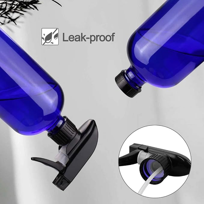 Worldgsb Glass Spray Bottles, 16oz Refillable Containers, Empty Boston Round Bottles with Labels & Adjustable Nozzle for Cleaning, Gardening, Aromatherapy, Pets, Plant, Hair -Blue (2 Pack)