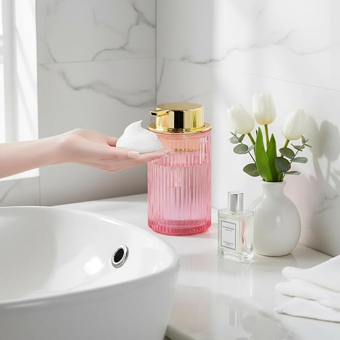 Foaming Soap Dispenser, 12 Oz Pink Glass Foam Hand Soap Dispenser, Refillable Glass Foam Pump Bottle Container Decorative Slim Ribbed Bottle for Bathroom and Kitchen