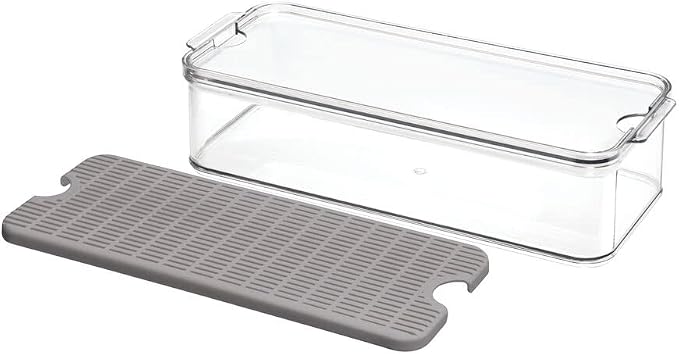 iDesign Crisp Produce Plastic Refrigerator and Modular Stacking Pantry Bin with Lid and Removable Inner Basket, Perfect for Washing Vegetables, Fruit, Lettuce, BPA Free 15.72" x 6.32" x 3.76" | Drain Tray, For Fruits & Veggies, Clear
