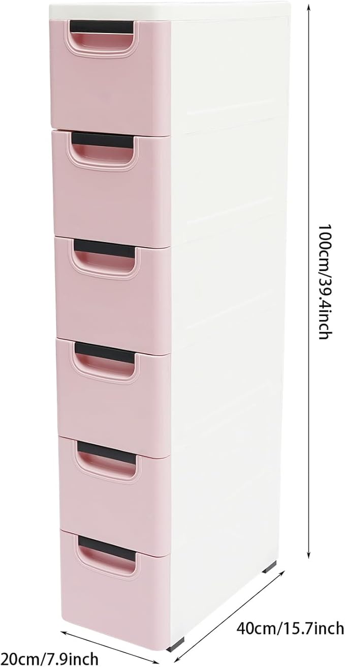 6 Drawers Narrow Storage Cabinet, Stackable Plastic Storage Tower Slim Utility Organizer for Kitchen Bathroom Living Room Office (Light Pink)