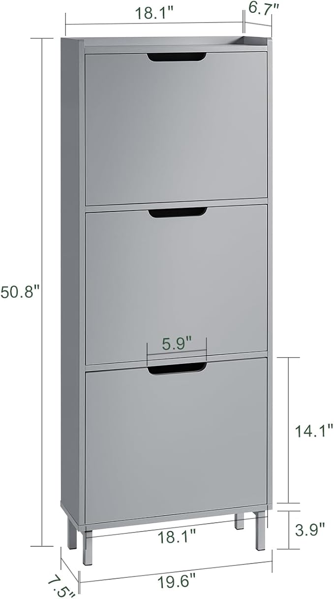 Haotian Slim Shoe Cabinet Entryway | Hidden Shoe Storage with Three Flip Drawers to Save Space, Freestanding Shoe Rack for Entryway, Hallway Grey