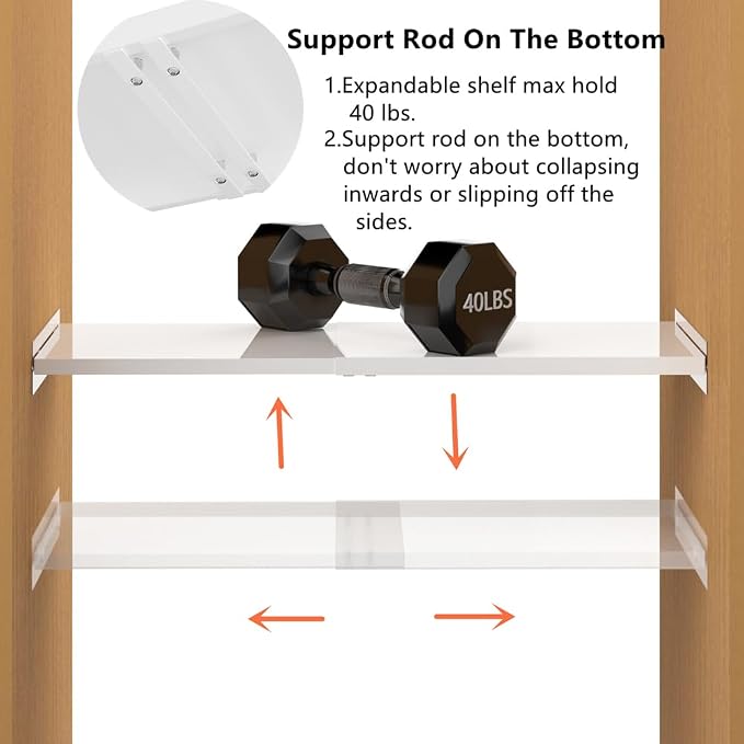 Slideep Expandable Closet Tension Shelf, Metal Adjustable Wardrobe Shelves Organizer System with Strong Seamless Sticker for Kitchen, Wardrobe, Cupboard 2 Pack (L:16.9'' to 31.5"; W:11.8")
