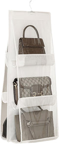 HAN SHENG 6 Pockets Clear Handbag & Purse Organizer Hanging Bag Storage - Space Saving Hanging Shelf for Closet, Wardrobe, Over Door (1 Pack, White)