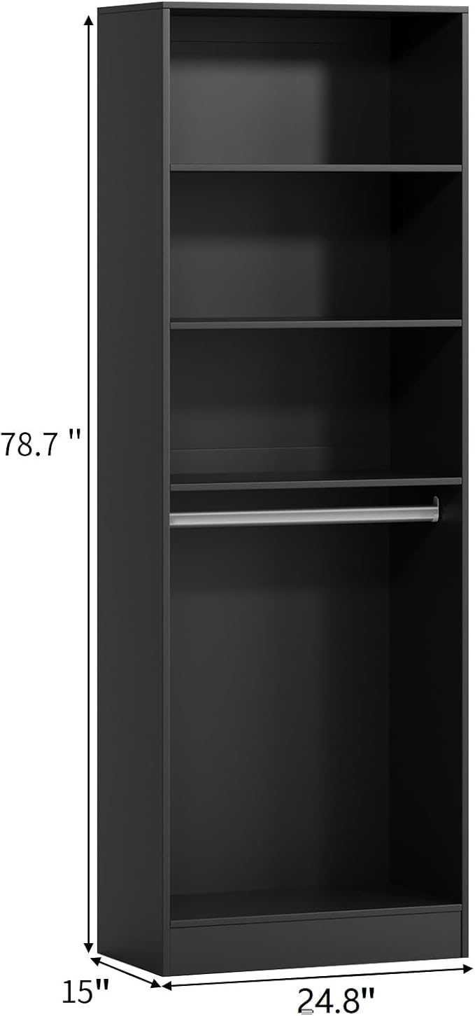 VOWNER 25'' Closet Organizer System Small Freestanding Closet System | 6 Adjustable Shelves, 2 Hanging Rod, Black Modular Closet System for Small Closet, Space-Saving, Easy Assembly