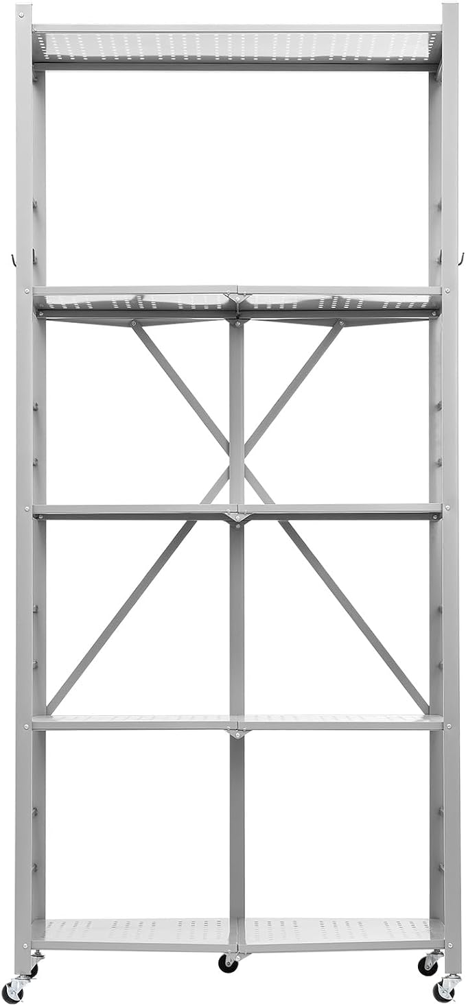 VEVOR 5-Tier Foldable Storage Shelf, 32W x 14D x 72H Inch Folding Metal Rack Shelving Unit, Heavy Duty No Assembly Organizer Shelf with 5 Wheels & 4 Hooks for Pantry, Kitchen, Garage, Basement, Grey