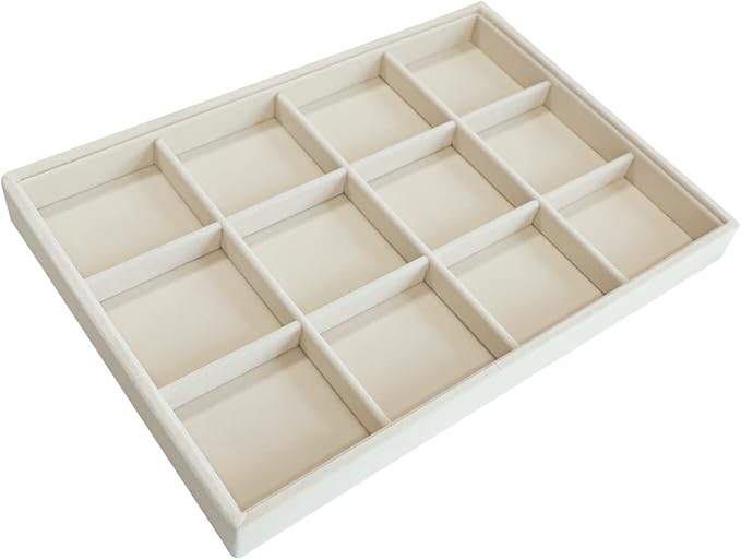 Stratalife 12 Grid Jewelry Organizer Tray, Stackable Drawer Earring Organizer with Adjustable Dividers, Jewelry Display Tray for Necklace Earring Ring Bracelet, 13.8" x 9.4" x 1.2", Beige