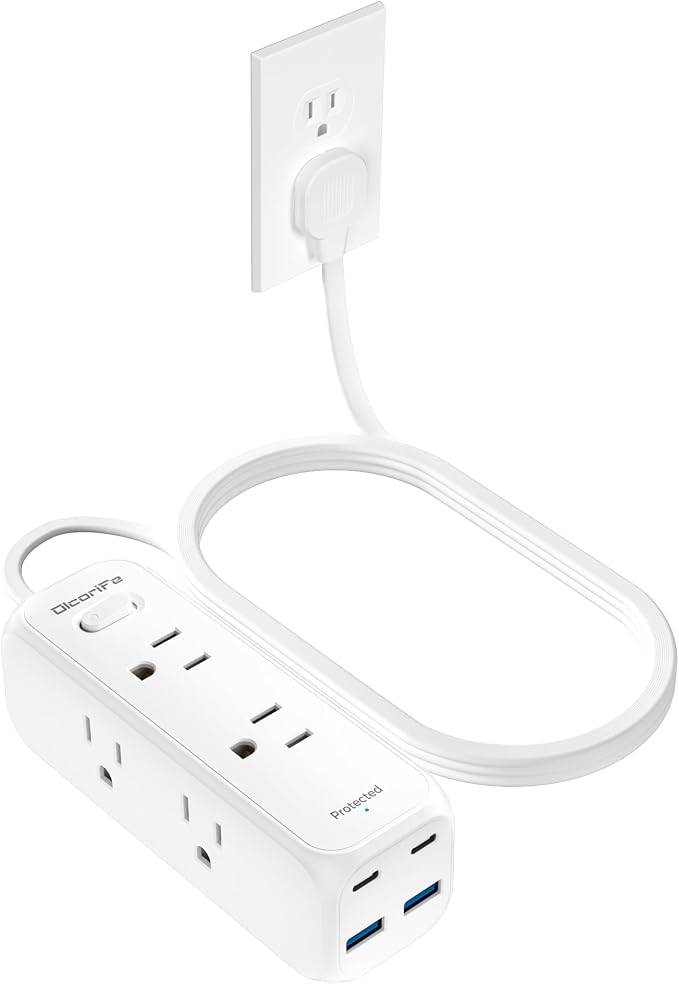 Olcorife Flat Plug Power Strip with 3 FT Extension Cord, 6 Outlets 4 USB Ports(2 USB C), 3 Sided Outlet Extender for Home Office Travel Dorm Room Essentials, White