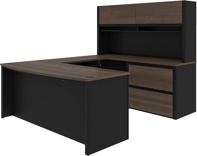 Bestar Connexion 72W U-Shaped Executive Desk with Lateral File Cabinet and Hutch in Antigua & Black | With Lateral File Cabinet and Hutch; with Narrow Desk Shell, Desk Shell, Desk Bridge, Keyboard Tray, CPU Stand; 2 file drawer