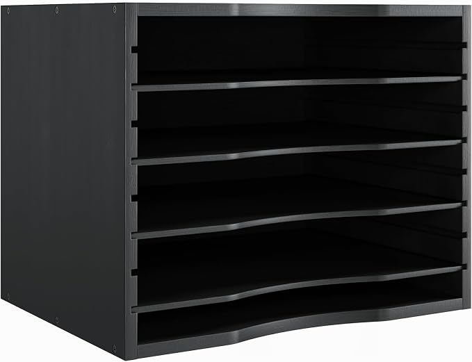 Bamjoy Wood 5 Tier Desktop Organizer, Paper Organizer Mail Sorter, File Holder Letter Document Storage with Adjustable Shelves for School Home Office, Black