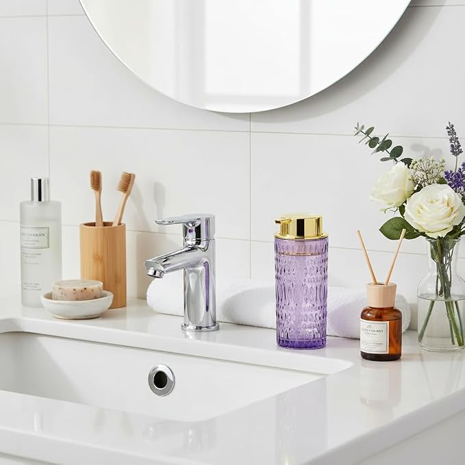 Foaming Soap Dispenser, Purple Glass Soap Dispenser, 14 Oz Refillable Foam Soap Dispenser Pump Bottle Container for Bathroom Kitchen Countertop Decor