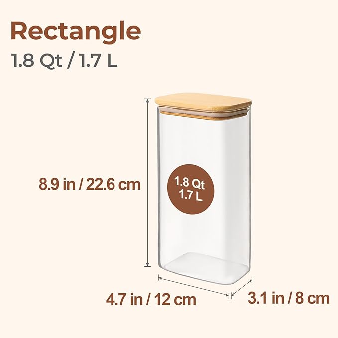 ComSaf Glass Storage Containers With Lids 1.8 Qt, 3 Pack Pantry Organizers | Rectangle Glass Pantry Storage Containers, Glass Jars With Bamboo Lids, Cereal Container Storage Flour, Sugar, 54oz, BPA Free