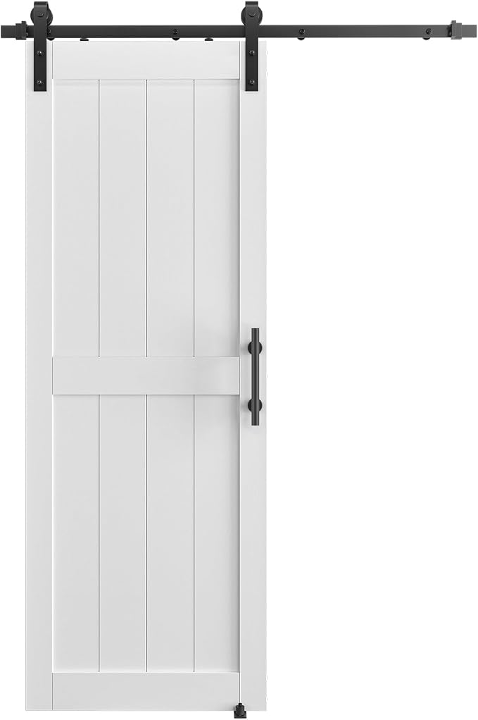 30''x 80'' Sliding Barn Door with 6.6 Ft Barn Door Hardware Kit | Pre-Drilled Holes Easy Assembly - Include Installation Manual, Water-Proof PVC Surface, H-Frame, White