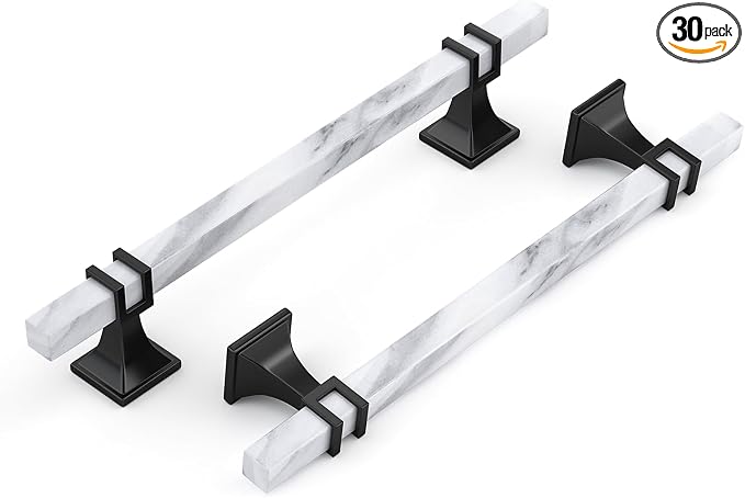 30 Pack 6-1/4 Inch White Marble Cabinet Pulls, Black Cabinet Handles Marble Grain and Black Pulls, Kitchen Cabinet Handles Square Dresser Drawer Pulls Kitchen Hardware