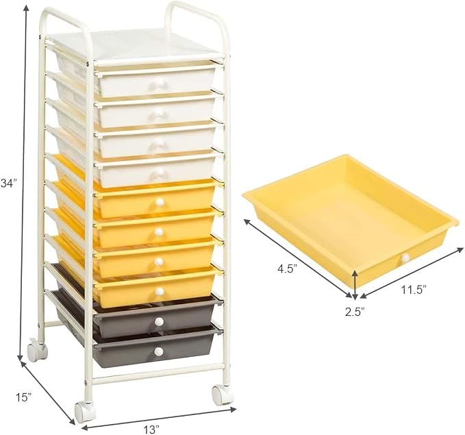 GOFLAME 10-Drawer Rolling Storage Drawer Cart, Utility Cart with Removable Drawers & Metal Frame, Mobile Art Craft Drawer Cart with Lockable Wheels for Home, Office, Studio, School, Yellow