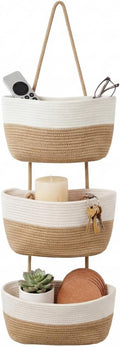 Hanging Basket, Woven 3 Tier Over Door Basket with 4 Hooks | Hanging Storage Basket for Door, Wall, Nursery, Bathroom, Bedroom, Decorative Over Door Basket Organizer for Stuffed Animals