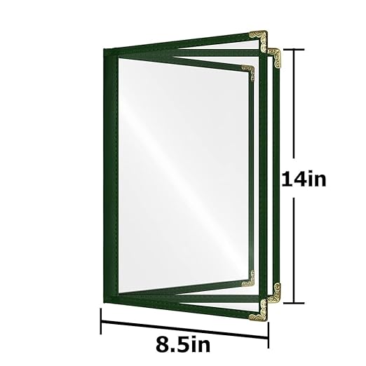 Goodsmart Restaurant Menu Covers – 25 Pack Green 6-View Booklet 8.5" x 14", Side-Loading Vinyl & Plastic Menu Holders, Clear Menu Sleeves, Leather-Style Café Covers with Gold Corners
