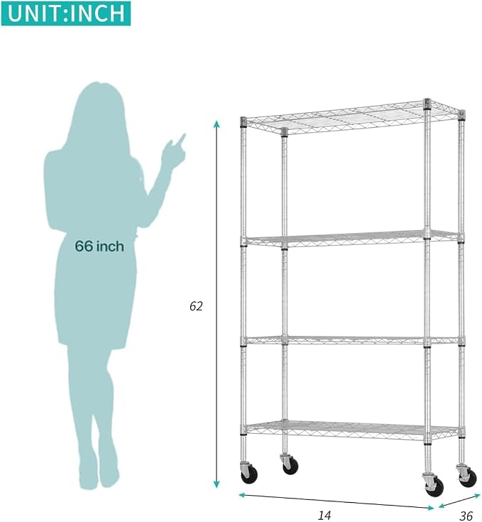 Meet perfect 4-Tier Wire Shelving Unit with Wheels, 1400LBS Heavy Duty Metal Storage Rack, NSF Certified Adjustable Steel Pantry Organizer for Garage, Kitchen, Laundry, 36" W x 14" D x 62" H